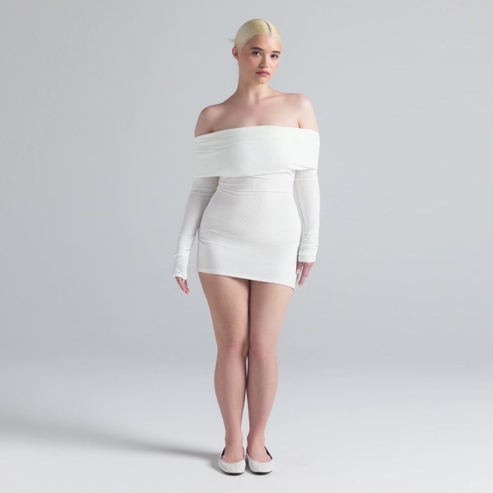 SKIMS Off-Shoulder Ribbed Mini Dress in White